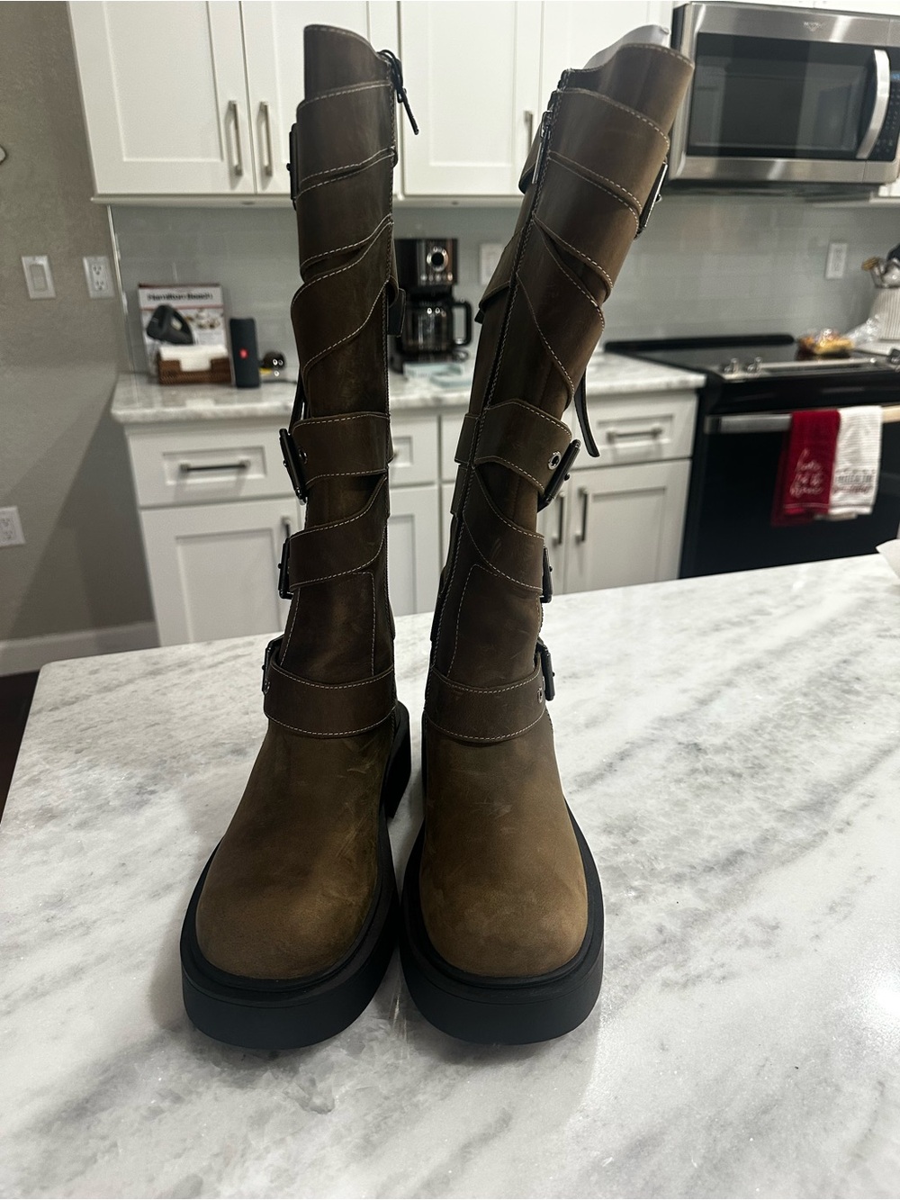 Zara Brown Buckled Knee-High Combat Boots - Picture 2 of 5